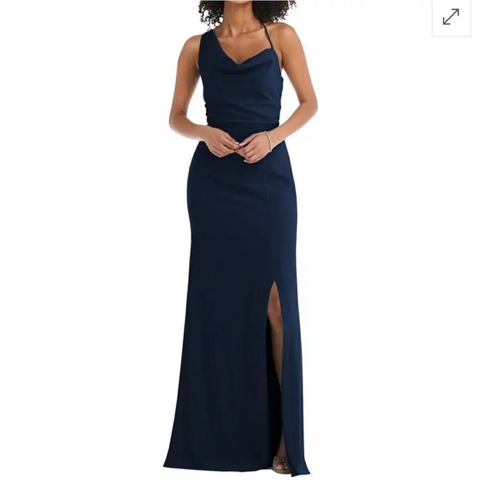 NWT AFTER SIX | One Shoulder Draped Cowl Neck Maxi‎ Dress Midnight Navy 2 R